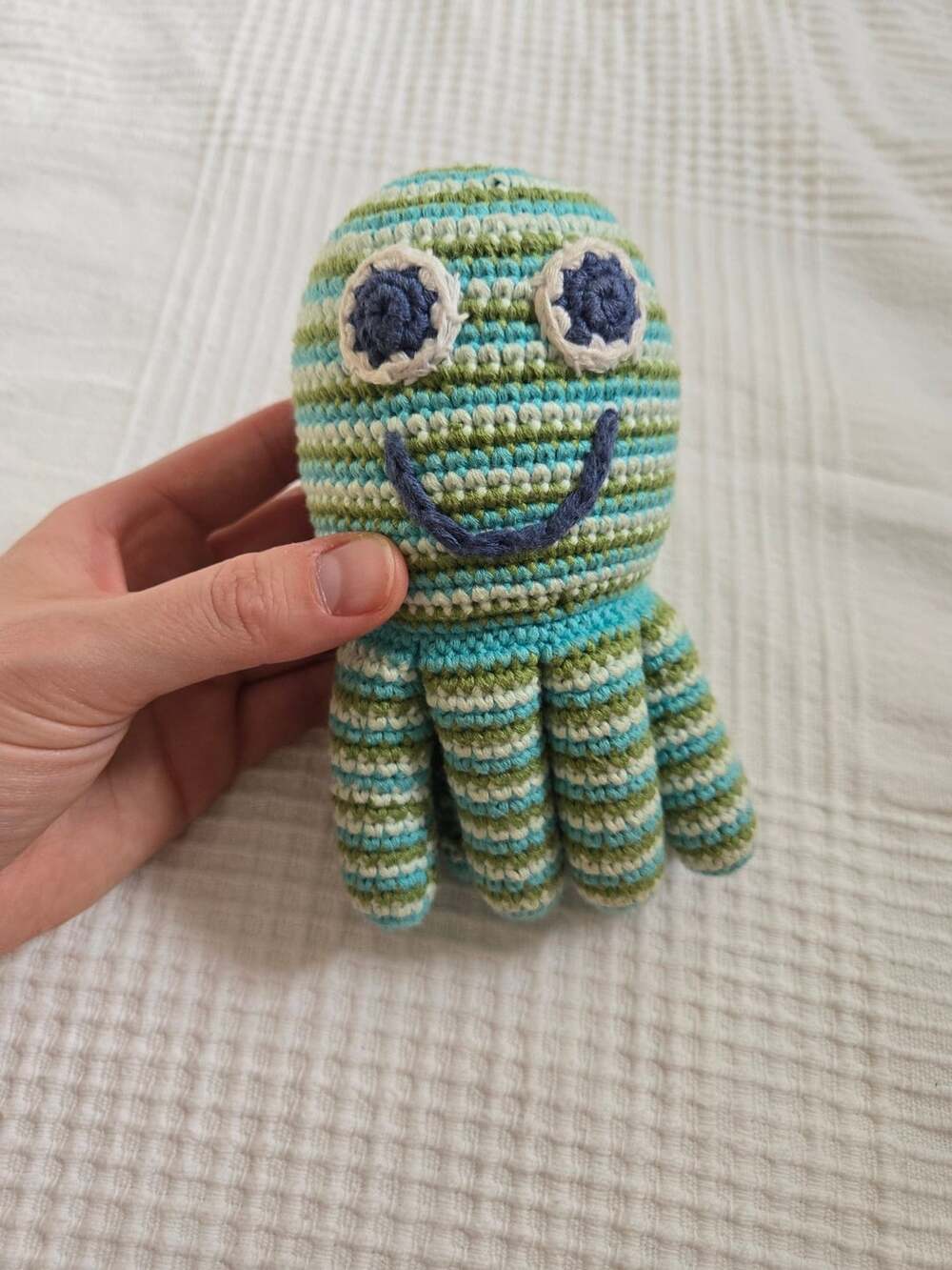 Pebble Blue Green Striped Crochet Octopus Toy